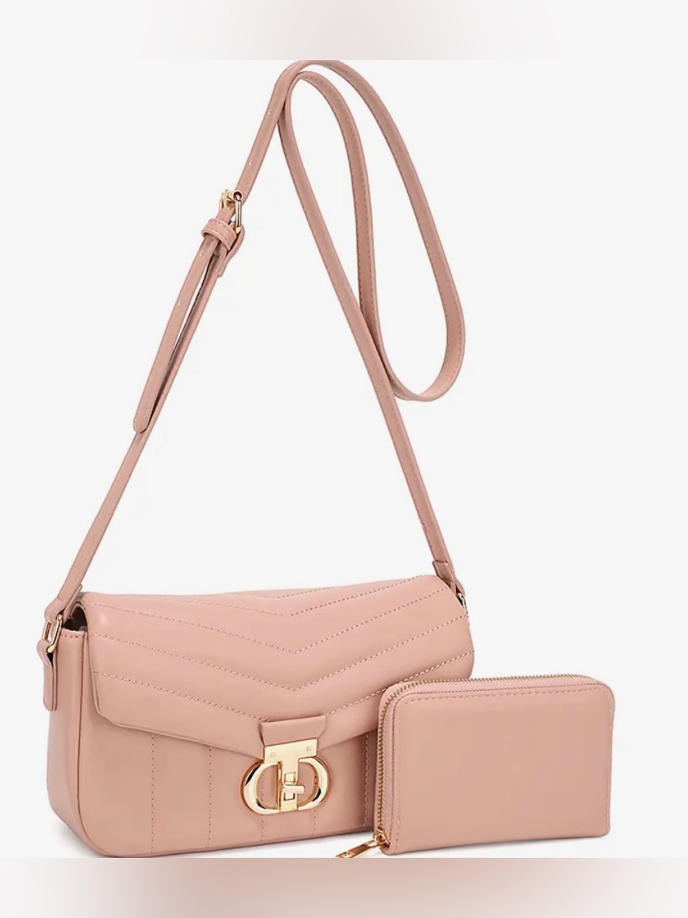 Quilted Crossbody Bag & Wallet Set in Blush Pink